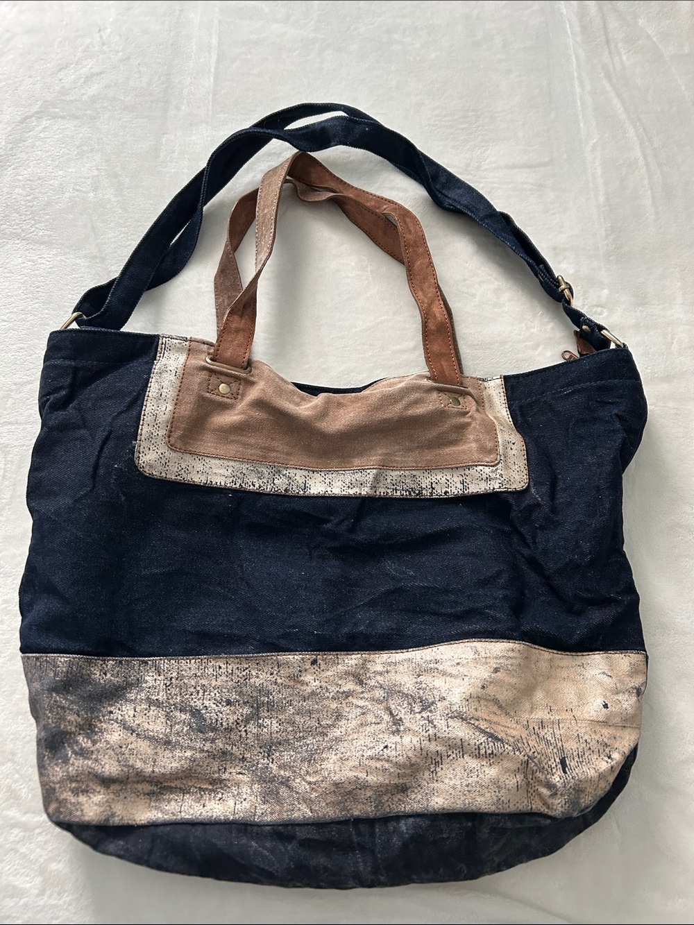 Mona B Navy Canvas Tote with Brown Leather Handles